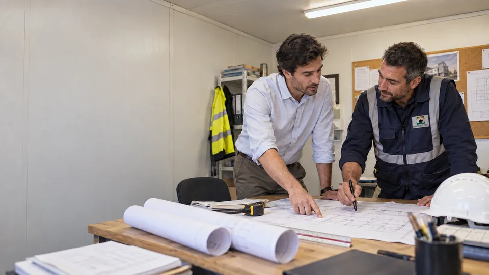 Dirección técnica de Bremerton revisando los planos de una rehabilitación en la caseta de obra